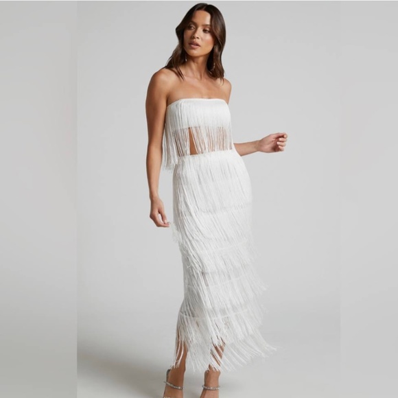 Showpo. Dresses & Skirts - AMALEE FRINGE STRAPLESS CROP TOP AND MIDI SKIRT TWO PIECE SET IN WHITE
